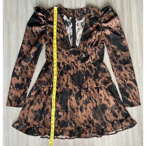 PrettyLittleThing Brown Black Print Long Sleeve Mini Dress Size US 8 - Picture 4 of 8